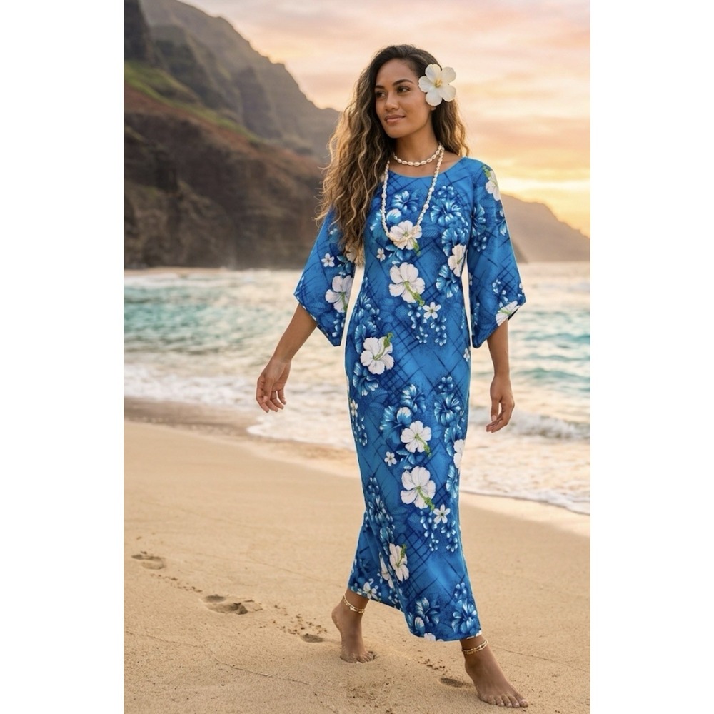 Vtg Sears Hawaiian Dress Maxi Floral M/l Lightweight Blue Hibiscus Cold Shoulder